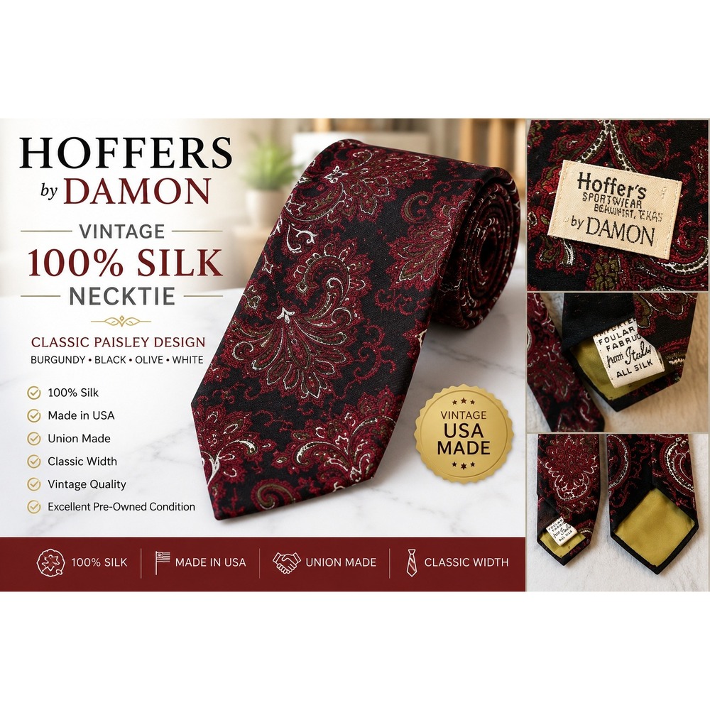 Hoffers‎ by Damon Vintage Silk Necktie Burgundy Black Paisley Italian Fabric USA